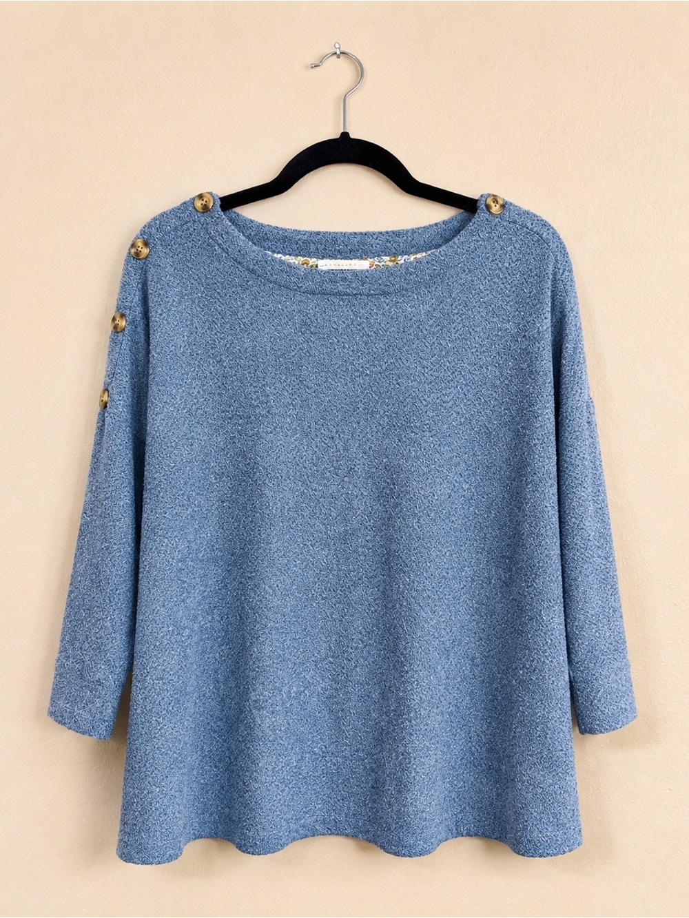 Dusty Blue Button-Shoulder Bouclé Sweater